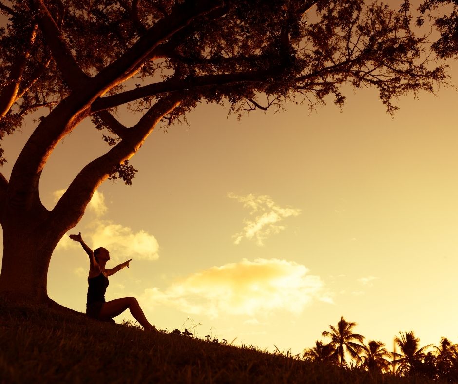 lady sitting under a tree with her arms outstretched towards the sky. 